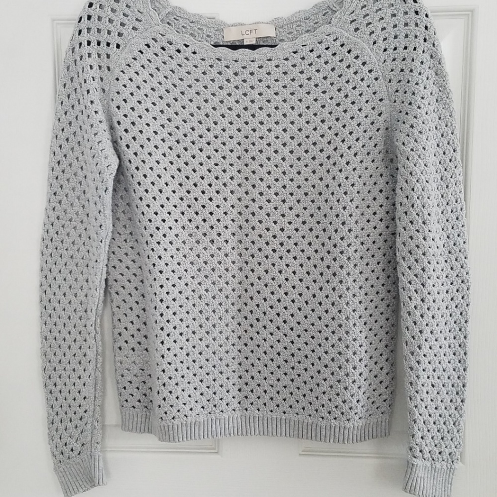 Ann Taylor Loft Gray Open Knit Sweater Scalloped